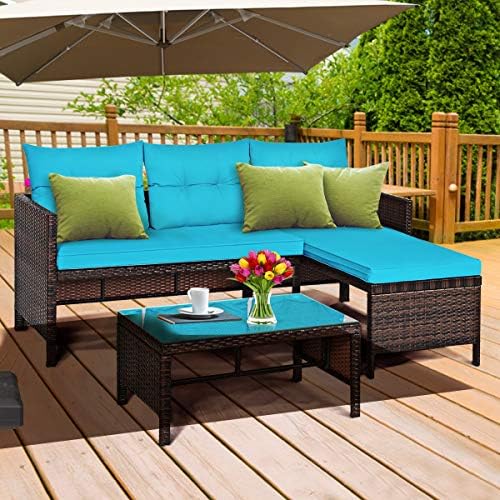 Tangkula Patio Corner Sofa Set 3 Piece, Outdoor Rattan Sofa Set, Includes Lou...