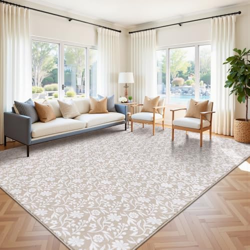 Vaukki 8x10 Area Rug for Living Room, Beige White Throw Carpet for Bedroom