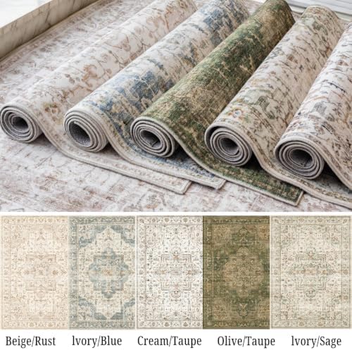 ALAISE Area Rug 8x10 Ivory/Sage – Washable Vintage Boho, Ultra-Soft