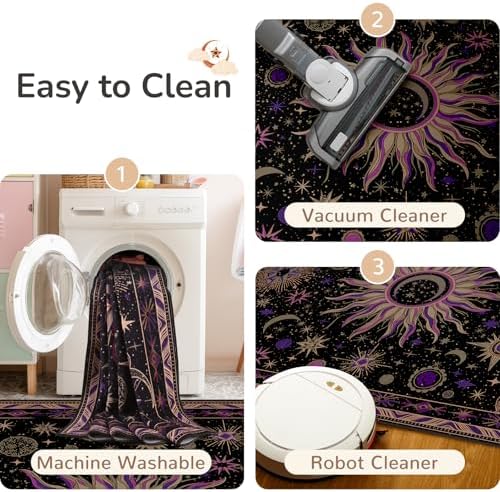 Vacuum-Friendly, 5x7 Washable Area Rug, Black Purple Beige