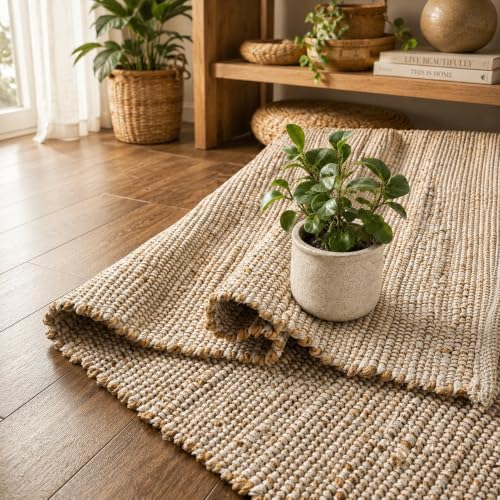 Jute Cotton Area Rug, Hand Woven Traditional Farmhouse Rug for Living Room, B...