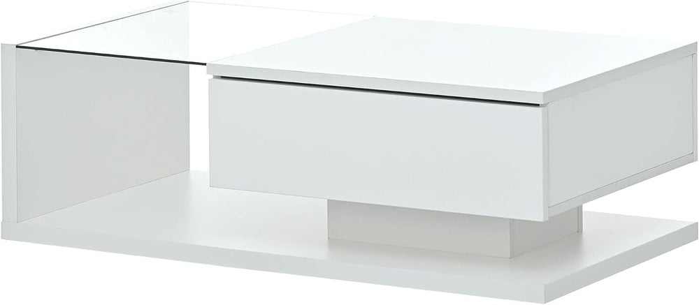 Modern Coffee Table with Tempered Glass, Wooden Cocktail Table with High-Glos...