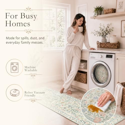 Wonnitar Washable Rug Runner 2'6''x8', Boho Floral Hallway Runner Rug 8ft Long Carpet for Bedroom, Soft Non Slip Ultra-Thin Beige Carpets for Bathroom Kitchen Bedside