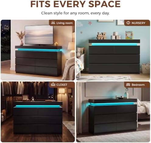 6 Drawer Dresser with LED Lights and Charging Station, Modern Black Dresser