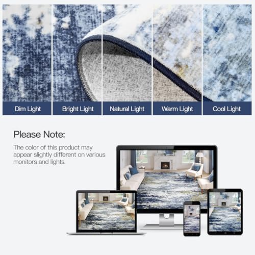 9x12 Area Rug for Living Room, Abstract Washable Large Rugs, Dark Blue