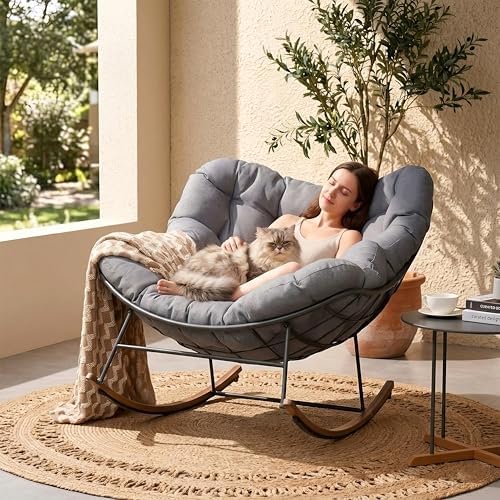 Grand patio Outdoor Papasan Rocking Chair with Thick Cushion, Grey
