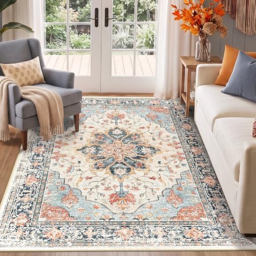 RELEANY Washable Area Rug, 5'x7', Beige/Blue/Orange
