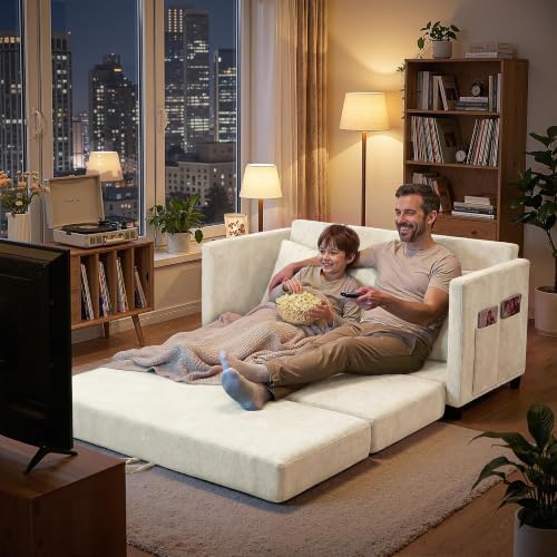 Convertible Sofa Bed with Foldable Side Table, 51" Pull Out Sleeper Couc...