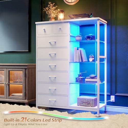 EnHomee White Dresser with LED Lights & Power Outlets, 8 Drawers, 54" H