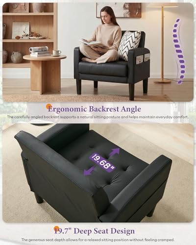 Black Accent Chair, Tufted Reading Armchair with Arms for Living Room