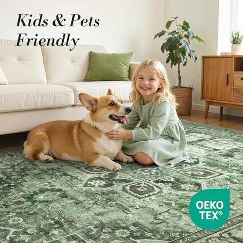 Sage Green 9x12 Area Rug for Living Room, Vintage Boho Large Carpet