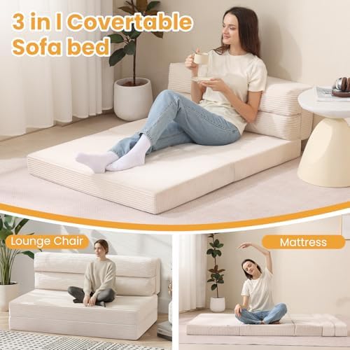 Folding Mattress, 3 in 1 Convertible Sofa Bed Fold Out Couch Bed Floor Couch ...