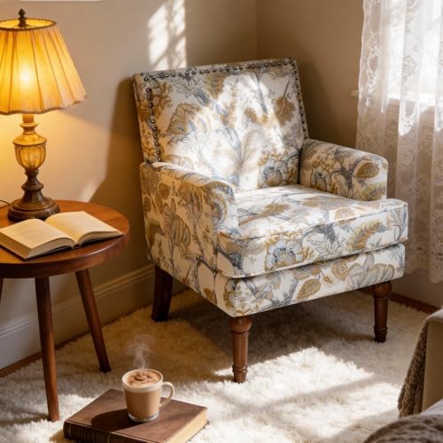 Floral Accent Chair with High Back & Nailhead Trim, Comfy Upholstered Arm...