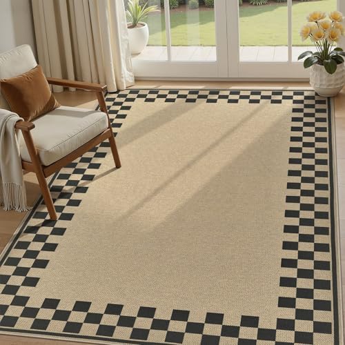 UERMEI 5x7 Outdoor Jute Area Rug Patio Neutral Washable Checkered Brown | Easy Non Slip Pet Friendly Indoor Farmhouse Carpet for Living Room Bedroom Dining Backyard