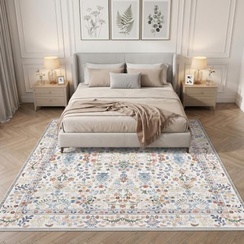 Vintage 8x8 Square Area Rug: Washable Boho Rug Soft Low-Pile Carpet Beige