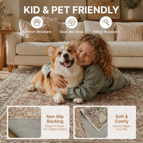 5x7 Area Rug for Living Room Vintage Neutral Washable Rugs