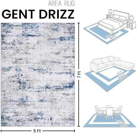 5x7 Area Rugs for Living Room Large Washable Abstract Rug White Gray Blue