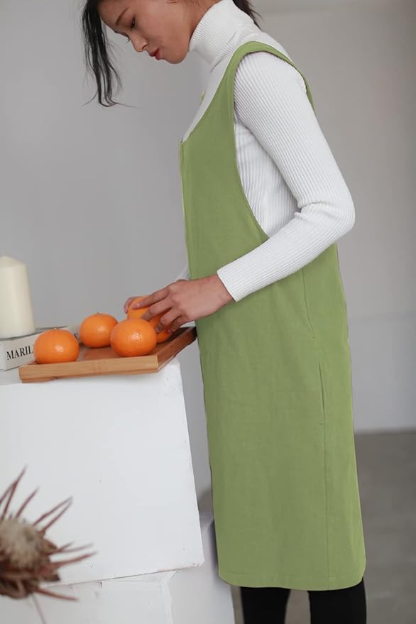 Cotton Linen Japanese Apron Halter Cross Back Bandage X Shape Aprons Two Pockets - Image 4