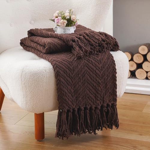 BATTILO HOME Dark Brown Throw Blanket for Couch, Knitted Brown Throw 50'&...