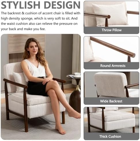 HRVEOCEI White Accent Chair with Storage, Mid Century Modern Arm Side Chair f...