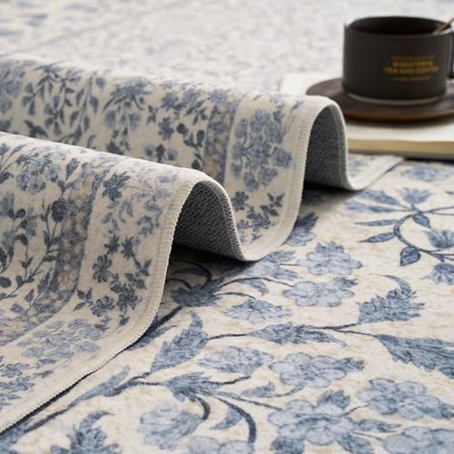 jinchan 8x10 Washable Living Room Area Rug, Vintage Floral, Blue/Cream