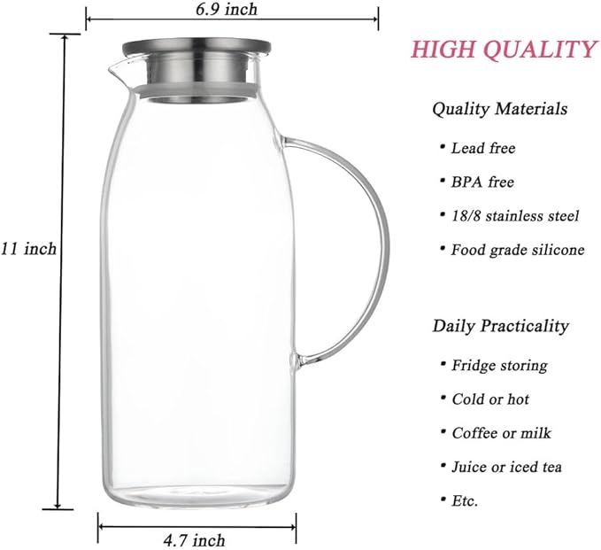 80 Ounces Glass Pitcher with Lid, Hot/Cold Water Jug, Juice and Iced Tea - Image 2