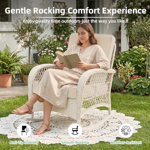 VIVIJASON Outdoor Wicker Rocking Chair, Patio Rattan Rocker Chair with Cushio...
