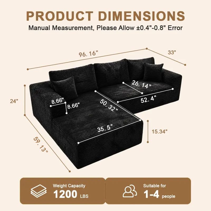 95" Black Corduroy Boneless Modular Sectional Sofa, Cloud-Louch Deep Sea...