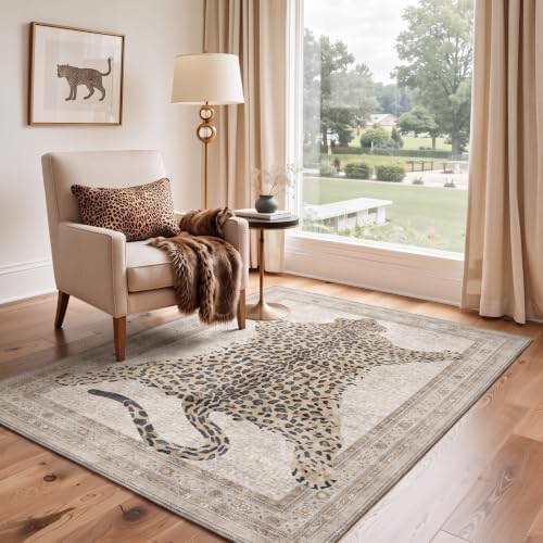 Bavni Leopard Rug 8x10 Cheetah Animal Print Rug Washable Jungle Rugs White