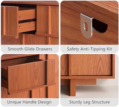55" Wide 9 Drawer Dresser and Nightstand Set 3 Piece, Cherry