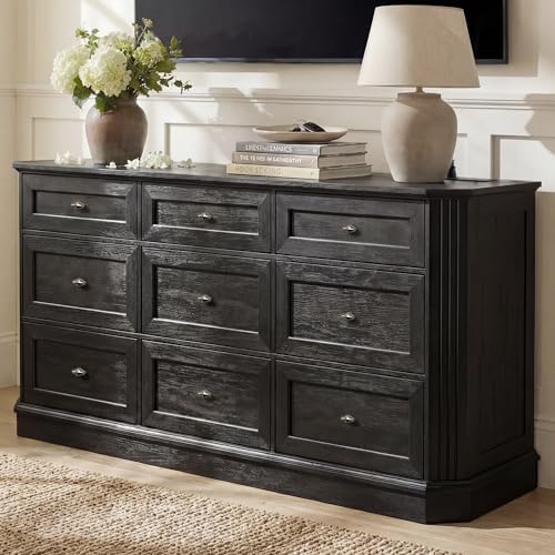Farmhouse 9 Drawers Black Dresser for Bedroom, 63.07" Wide Chest of Draw...