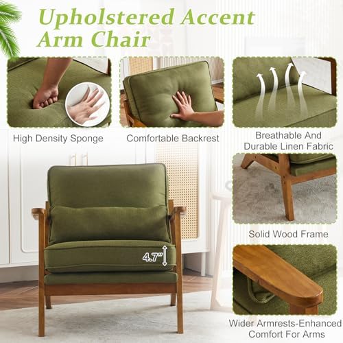 VINGLI Solid Wood Wide Armrests Accent Chair,Upholstered Mid Century Modern C...
