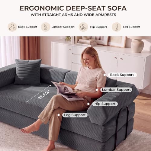 79" Convertible Futon Sofa Bed, Boneless Couch for Living Room | Dark Gray