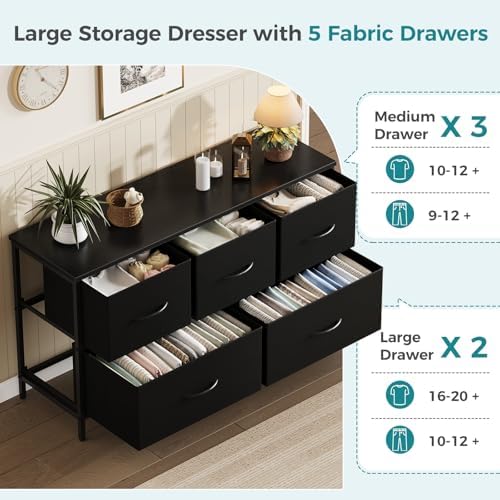 OLIXIS 5 Drawer Black Dresser for Bedroom, Closet Chest Organizer Furniture
