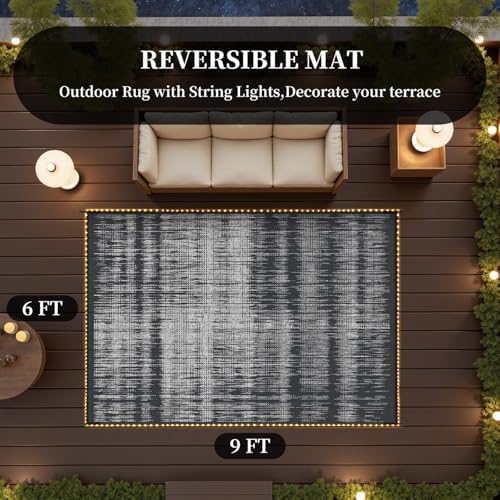 MontVoo Outdoor Rug Waterproof 6x9 ft with Strip Lights Outdoor Patio Rug Mat...