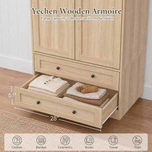 Yechen 71" Wooden Armoire Wardrobe Closet with 2 Doors & 2 Drawers, ...