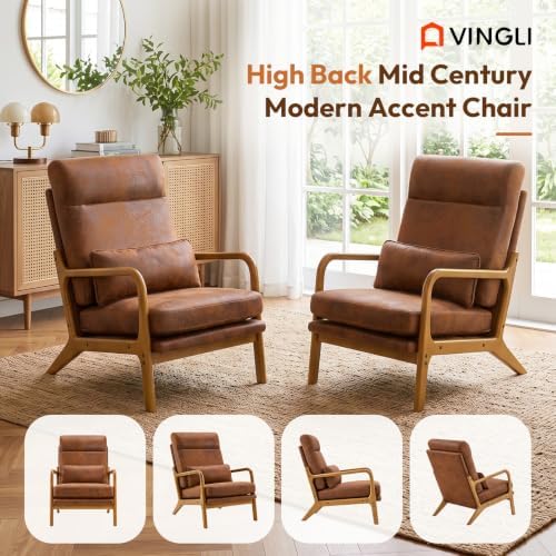 Bonnlo High Back Microfiber Rustic Accent Chairs Set of 2, Upholstered Mid Ce...