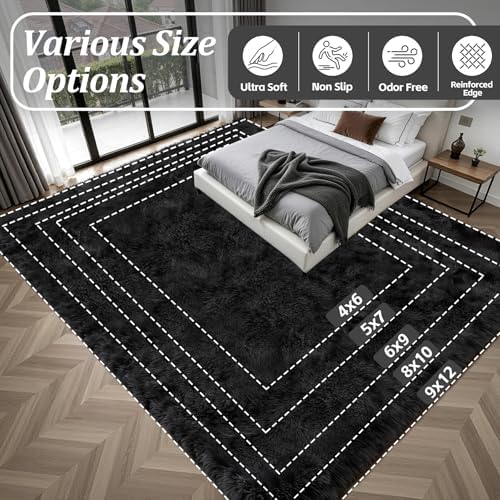 8x10 Area Rug Living Room Bedroom: Fluffy Plush Shag Carpet Black