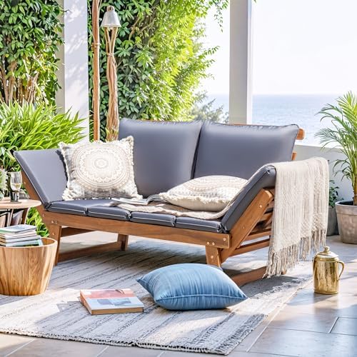 Greesum Patio Convertible Couch Sofa Bed with Adjustable Armrest, Acacia Wood...