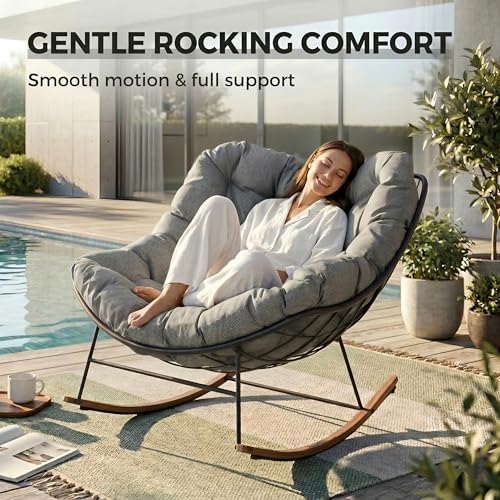 Grand patio Outdoor Papasan Rocking Chair with Thick Cushion, Grey