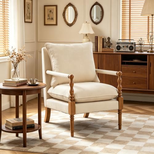 Accent Chair for Living Room, Farmhouse Linen Fabric Spindle Accent Chair wit...