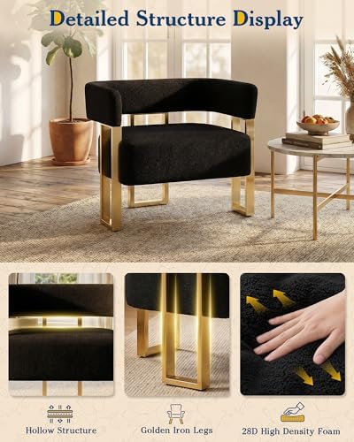 Mid Century Modern Accent Chair, Barrel Armchair, Black Boucle, Gold Leg
