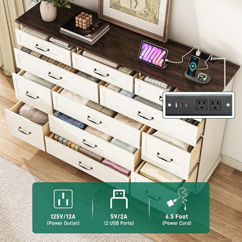 jiteentarou Tall Farmhouse 12 Drawer Dresser for Bedroom,63” Wood Dresser &am...