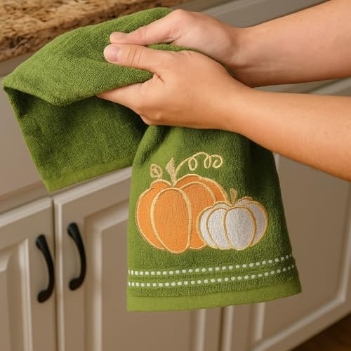 Fall Farmhouse Green Bathroom Hand Towels , Orange & Gold Pumpkins, 16"x25" | Set of 2, 100% Cotton, Embroidered Harvest Design, Fancy Trim, Perfect for Parties & Gifts, Kitchen & Bath Decor Accent
