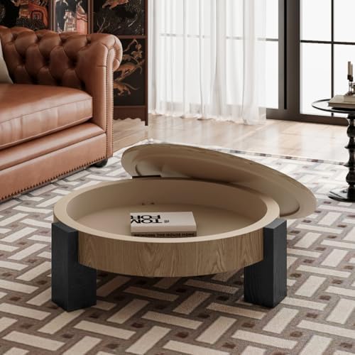 Round Coffee Table with Hidden Storage & 3 Block Legs