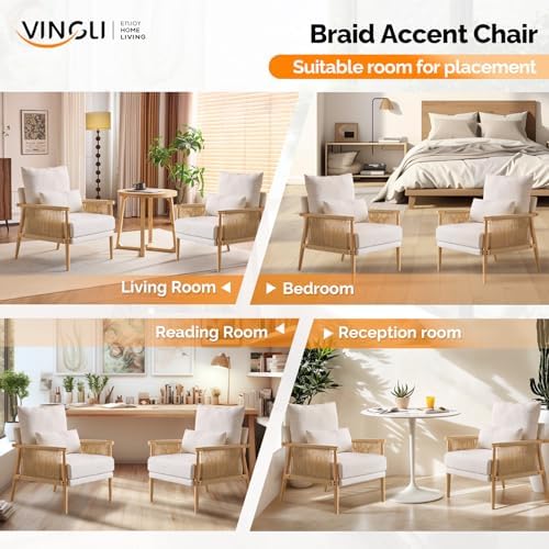 VINGLI Boho Braid Accent Armchairs Set of 2,Mid-Century Modern Chiars with So...