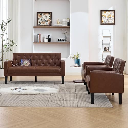62'' Leather Loveseat Sofa Set with Chairs, 3-Piece Living Room Furni...