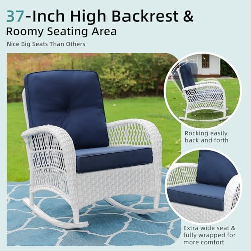 MEETWARM Outdoor Wicker Rocking Chair, Rattan Patio Rocker Chairs with Cushio...