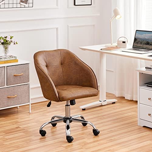 Yaheetech Faux Leather Vanity Chair with Wheels, Tufted Seat, Retro Brown