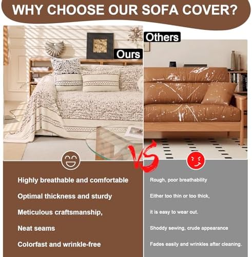 ROOMLIFE Thicked Striped Boho Khaki Couch Cover for 2-3 Cushion Sofa, Fuzzy P...